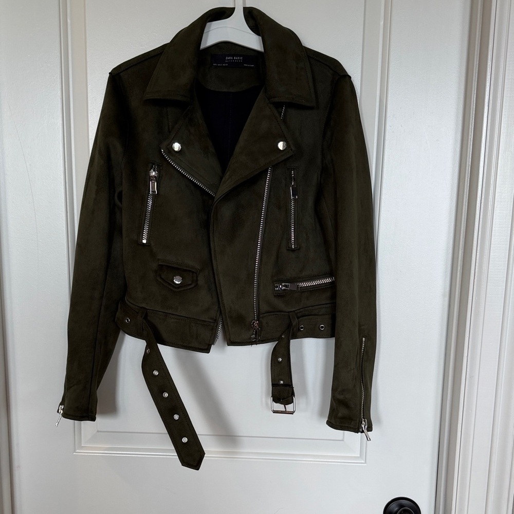 Zara Olive Green Suede Moto Jacket with Belt